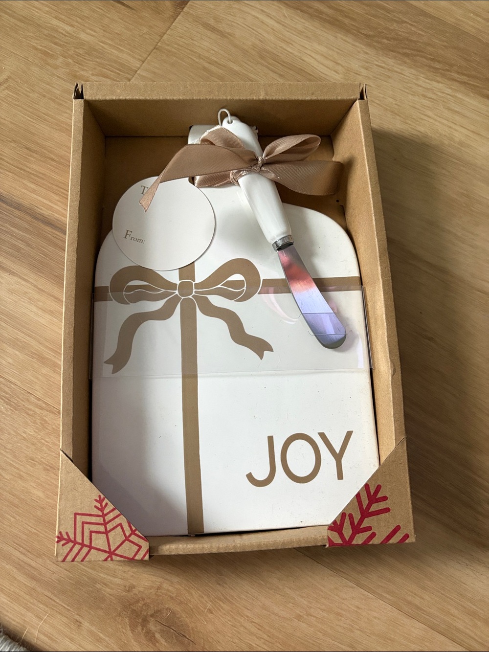 JOY Holiday Cheese Board Set with Spreader - White and Gold